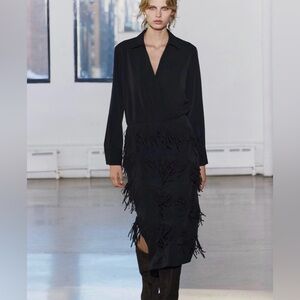 NWT Zara Solid Black Fringe Gothic Dark Academia Large Fringe Dress Size XS